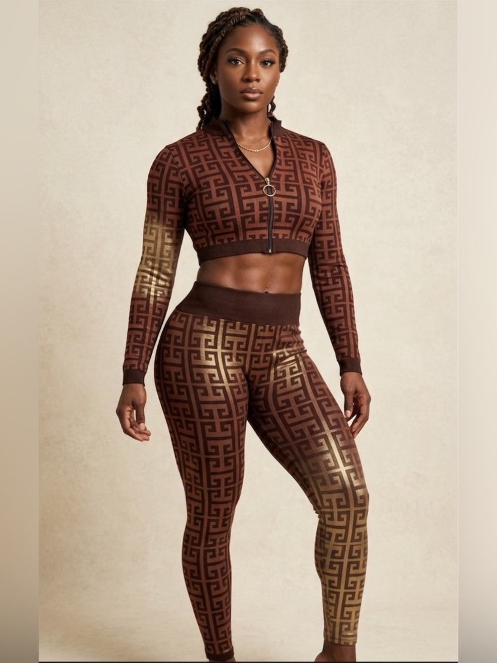 Trendy Activewear Matching Set, Brown & Gold - Size Small